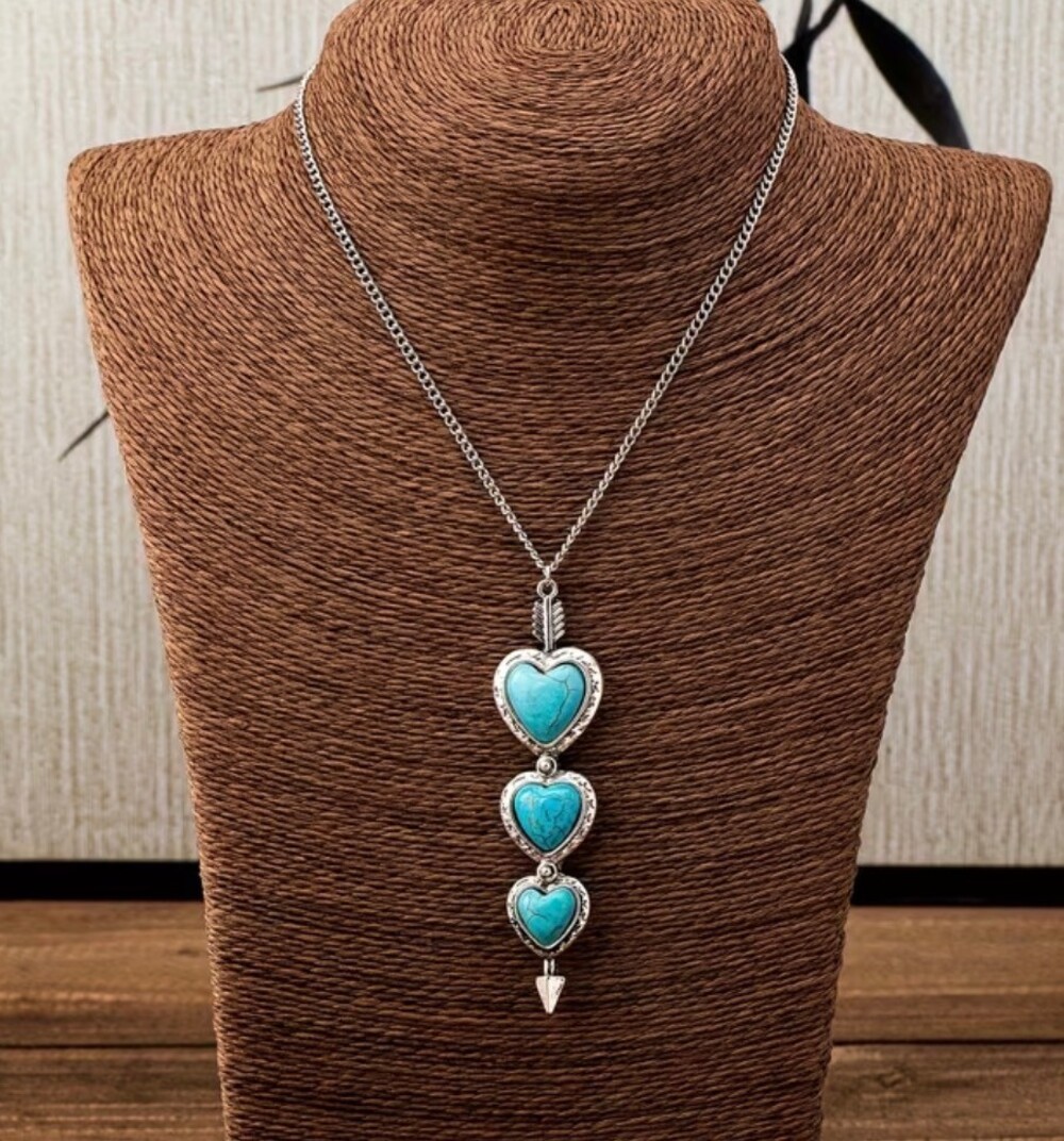 Turquoise Blue Heart Necklace Silver Tone Triple Heart Drop Pendant New